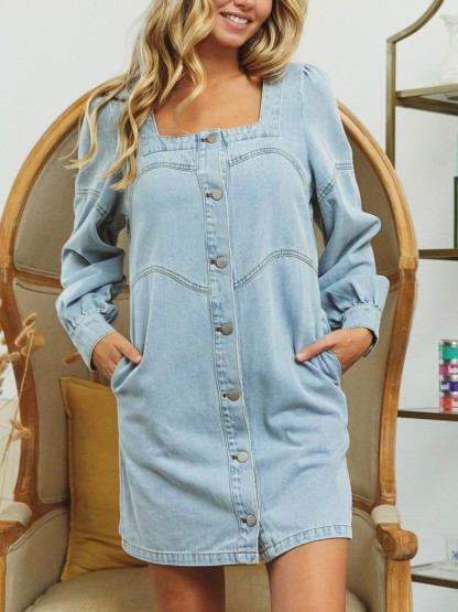 HOT SALE Square Neck Button Front Washed Denim Dress (Buy 2 Free Shipping)