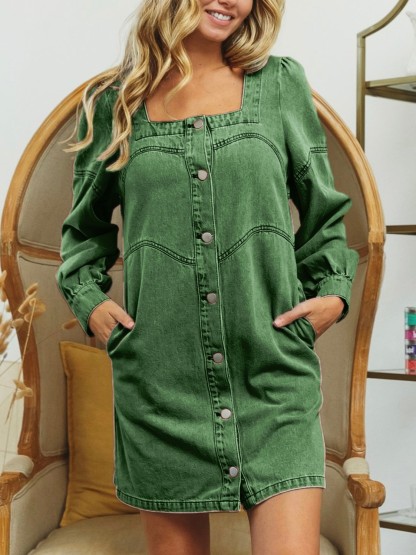 HOT SALE Square Neck Button Front Washed Denim Dress (Buy 2 Free Shipping)