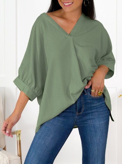 Textured Solid Dolman Sleeve V Neck Blouse