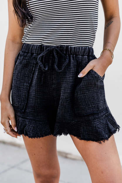 Gauze Raw Edge Pull On Drawstring Shorts (Buy 2 Free Shipping)