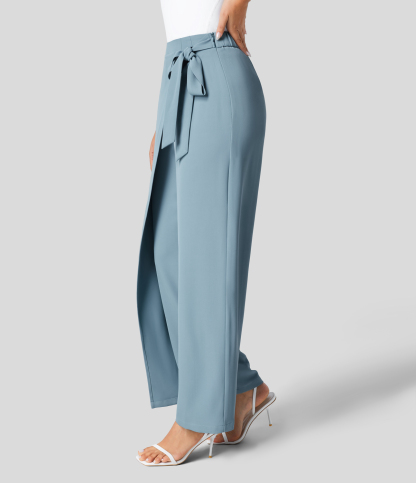 High Waisted Tie Side Invisible Zipper Wide Leg Work Suit Pants
