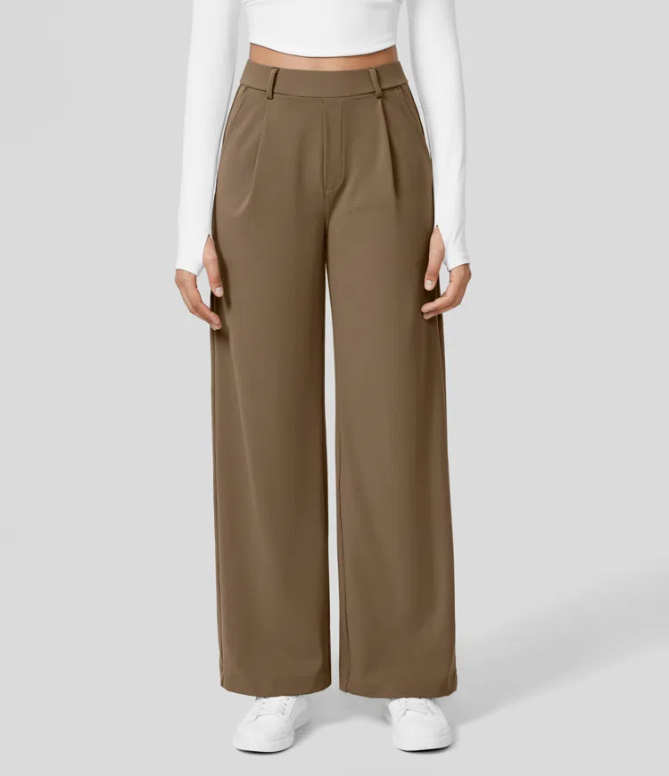 High Waisted Plicated Side Pocket Straight Leg Work Pants（Buy 2 Free Shipping）-hivebabe.com