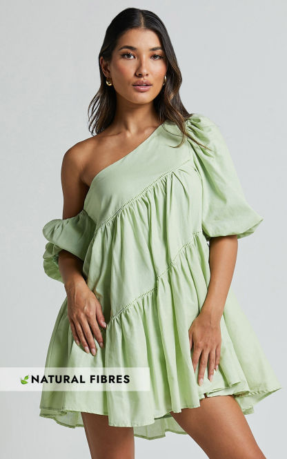 Linen-look Asymmetrical Trim Puff-Sleeve Mini Dress