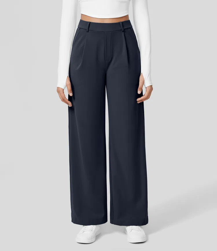 High Waisted Plicated Side Pocket Straight Leg Work Pants（Buy 2 Free Shipping）-hivebabe.com