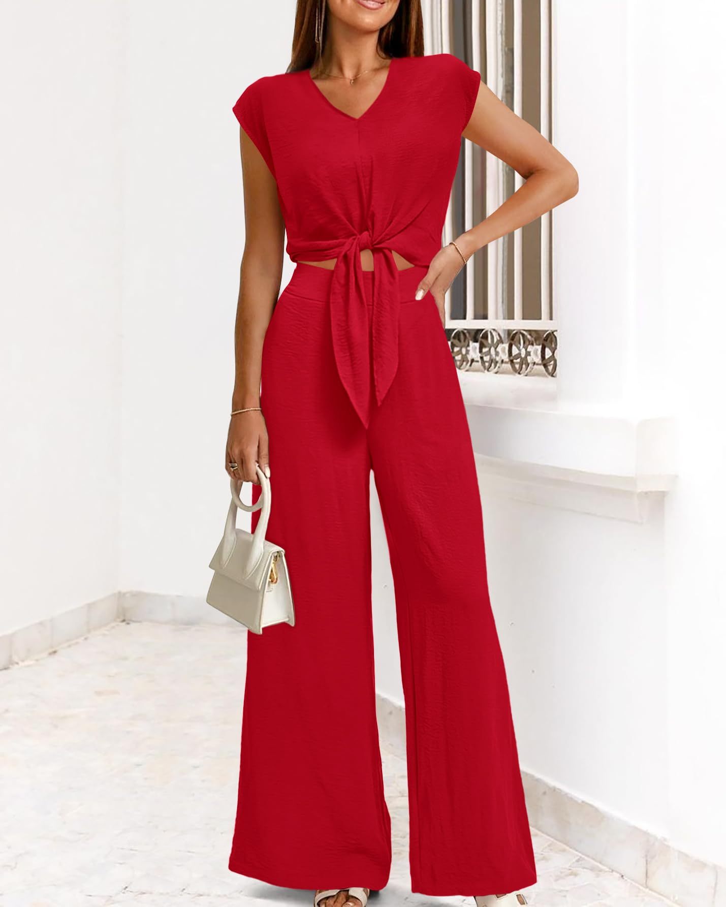 Women's Summer Cap Sleeve V Neck Belted Crop Tops Wide Leg Pant Sets