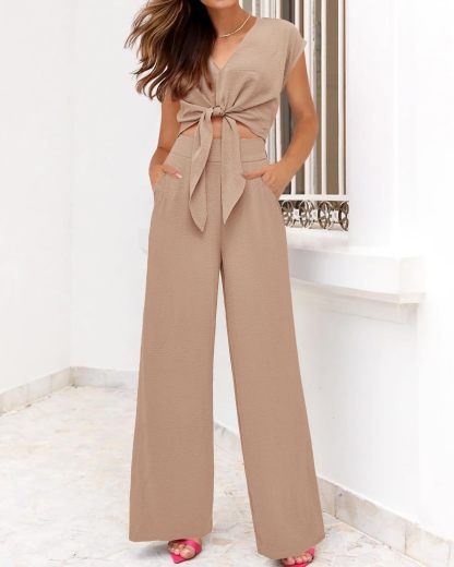 Women's Summer Cap Sleeve V Neck Belted Crop Tops Wide Leg Pant Sets