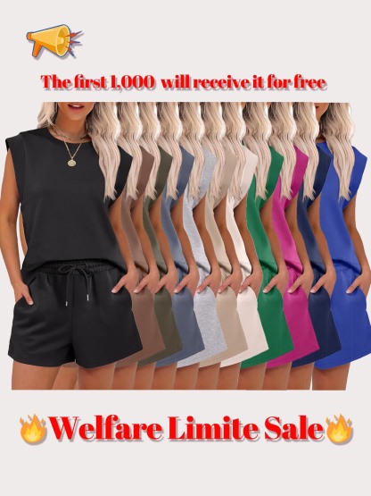 ✨ New Women's Cap Sleeve Crewneck Tops and Drawstring Short Outfits Two Piece Sets