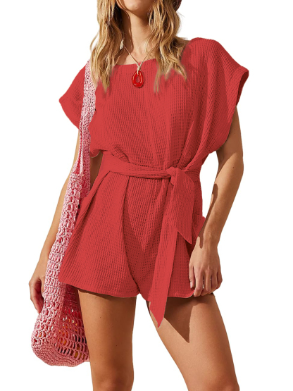 Crew Neck Knitted Lace-up Short Sleeves