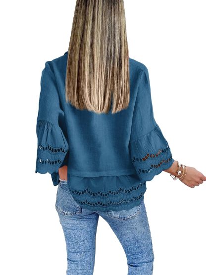 2024 Chic Ruffle Hem Blouse with Hollow Out Design(Buy 2 Free Shipping）
