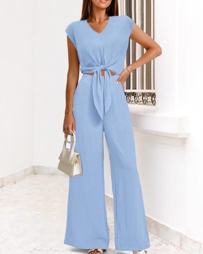 Women's Summer Cap Sleeve V Neck Belted Crop Tops Wide Leg Pant Sets