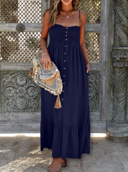 HOT SALE 2024 Sleeveless Spaghetti Strap Button Slit Maxi Dress with Pockets (Buy 2 Free Shipping)