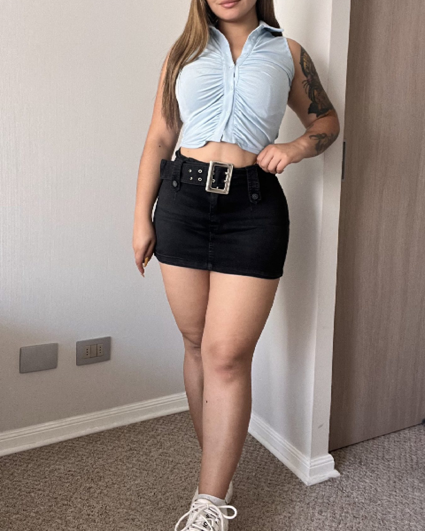High Waisted Mini Slim Fit Denim Skirt With Shorts Underneath