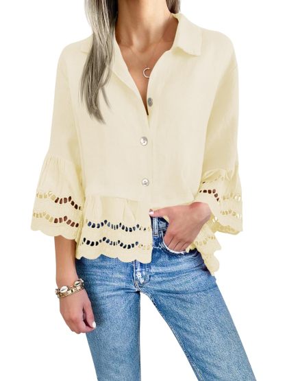 2024 Chic Ruffle Hem Blouse with Hollow Out Design(Buy 2 Free Shipping）