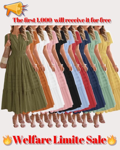 ✨Womens Summer Lightweight Short Sleeve V Casual Midi Maxi Dresses