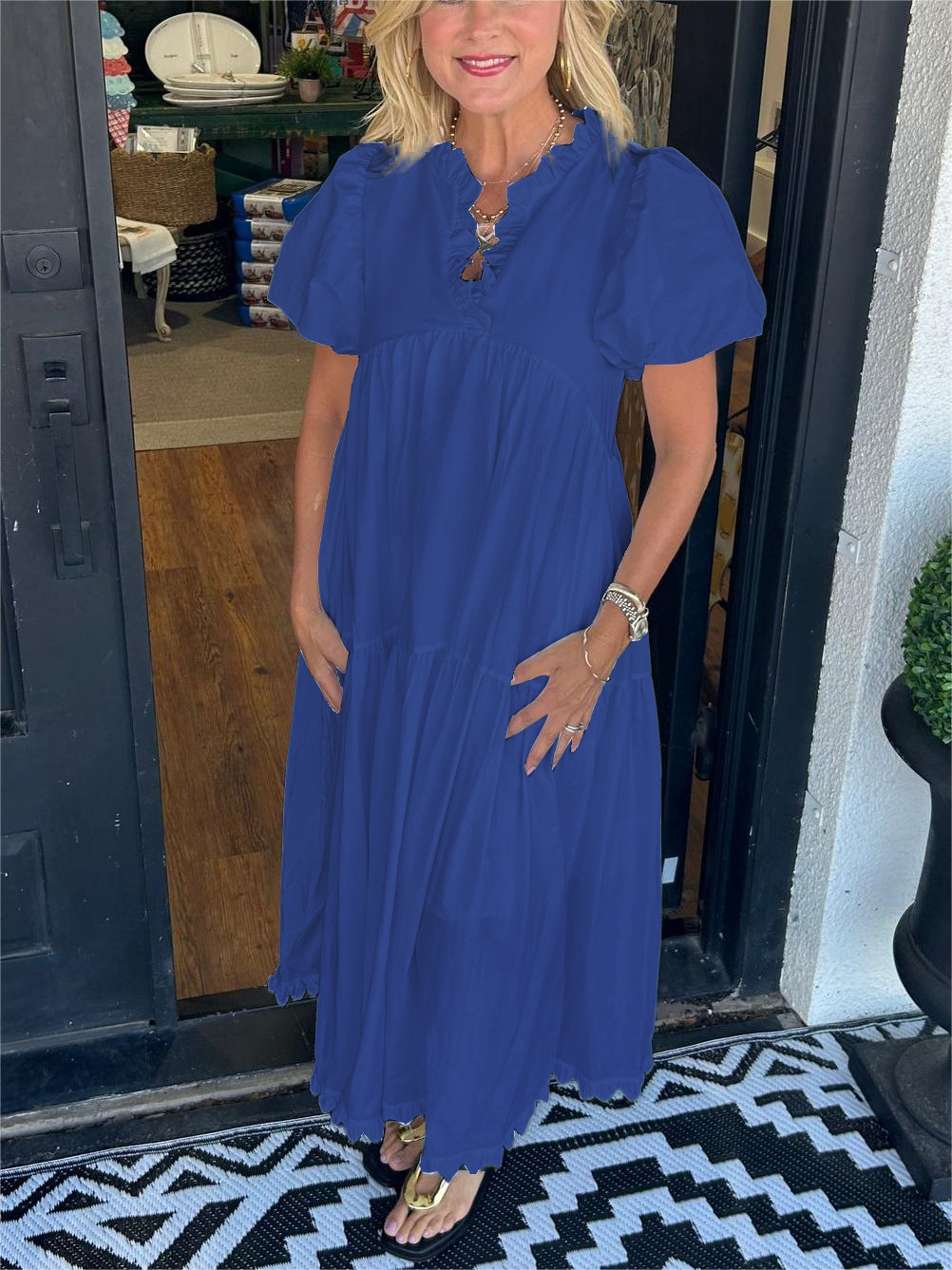 Ruffled V-Neck Puff Sleeve Dress