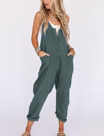 🔥HOT SALE🔥Women Cotton Linen Overall Adjustable Straps Button Jumpsuit-hivebabe.com