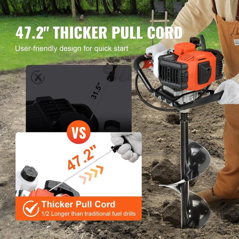 Post Hole Digger, 52cc 1450W Auger Post Hole Digger, Gas Powered Earth Digger with Two Earth Auger Drill Bit 6" & 10" and 3 Extension Rods