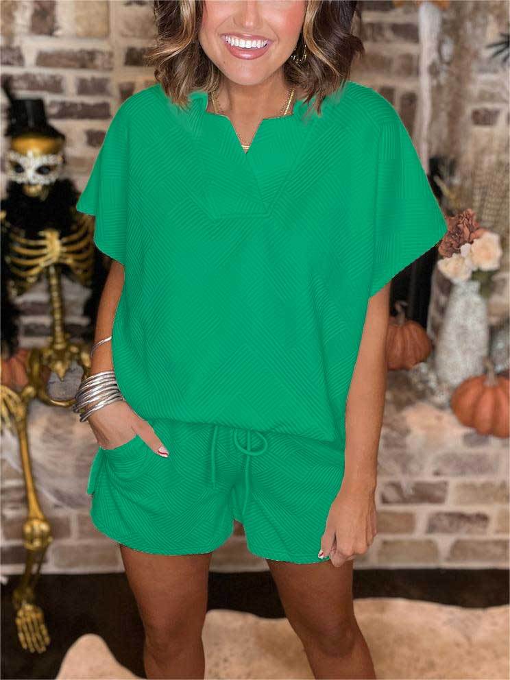 Textured V Neck Top And Short Set