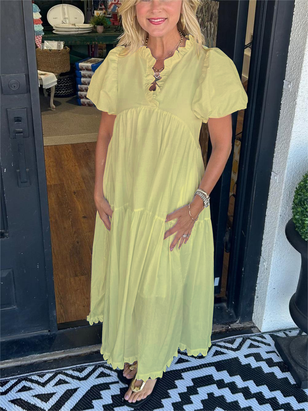 Ruffled V-Neck Puff Sleeve Dress