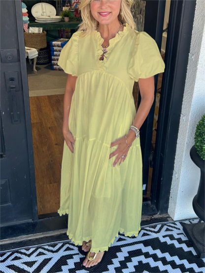 Ruffled V-Neck Puff Sleeve Dress