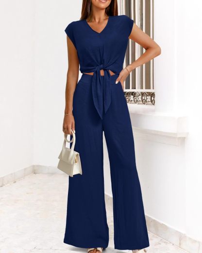 Women's Summer Cap Sleeve V Neck Belted Crop Tops Wide Leg Pant Sets