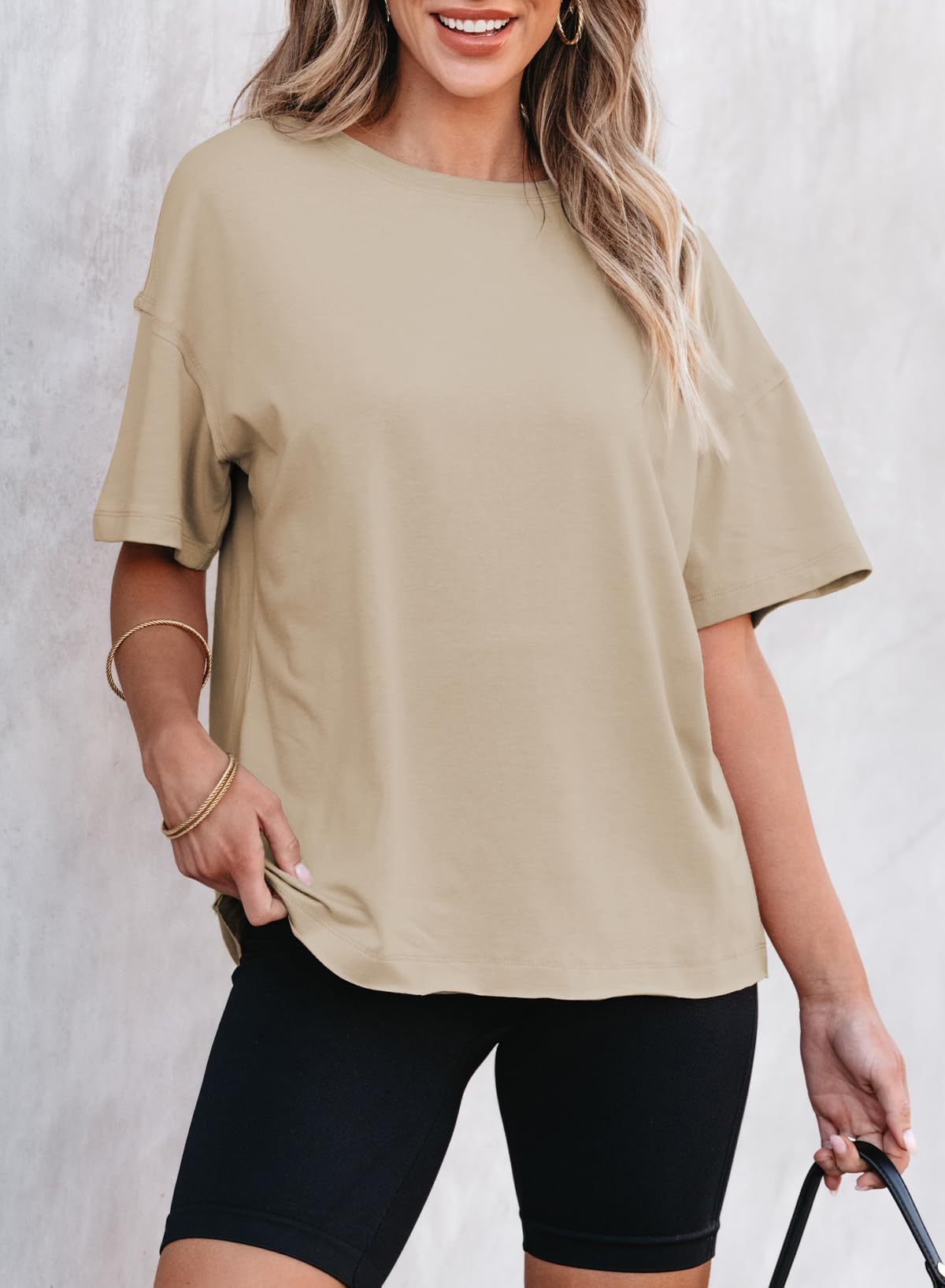 Round neck solid color short sleeve back spliced T-shirt cotton tee