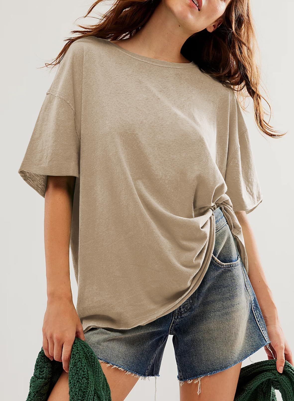 Round neck solid color short sleeve back spliced T-shirt cotton tee