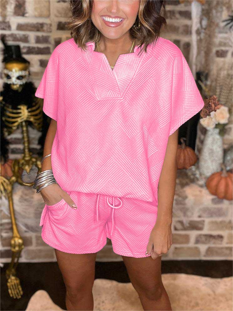 Textured V Neck Top And Short Set