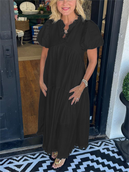 Ruffled V-Neck Puff Sleeve Dress