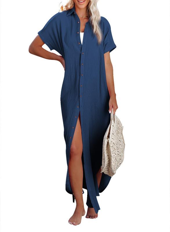 Womens Casual Short Sleeve Side Split Button Down Long Cardigans