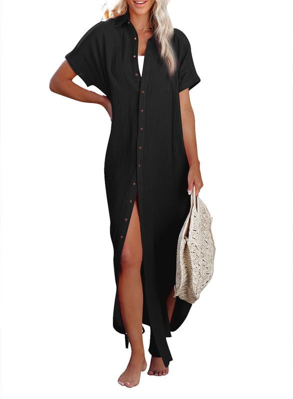 Womens Casual Short Sleeve Side Split Button Down Long Cardigans