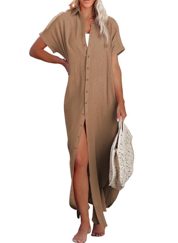 Womens Casual Short Sleeve Side Split Button Down Long Cardigans
