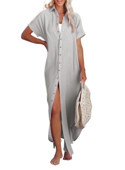 Womens Casual Short Sleeve Side Split Button Down Long Cardigans
