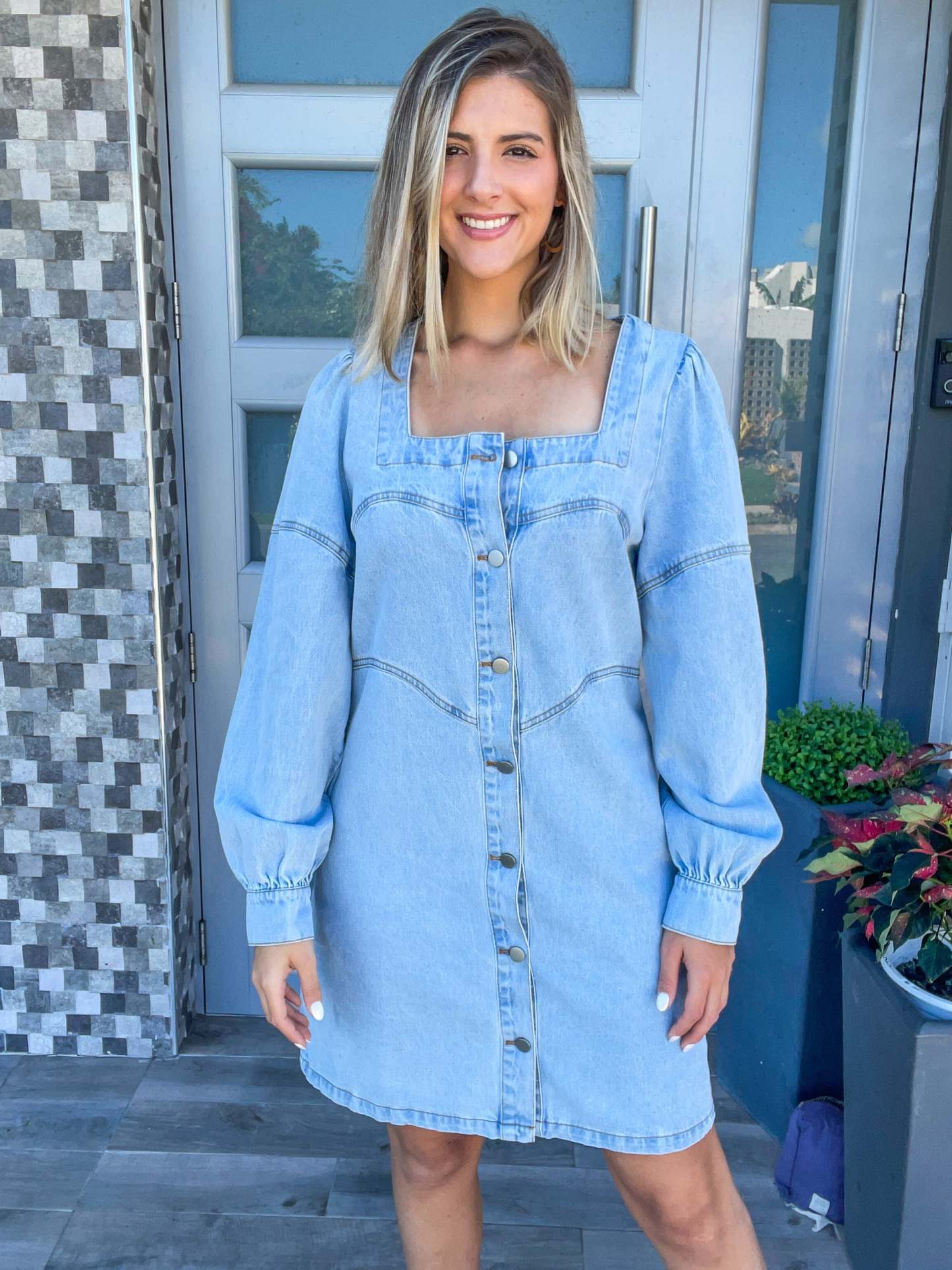 HOT SALE Square Neck Button Front Washed Denim Dress (Buy 2 Free Shipping)