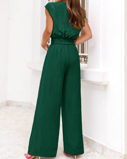 Women's Summer Cap Sleeve V Neck Belted Crop Tops Wide Leg Pant Sets