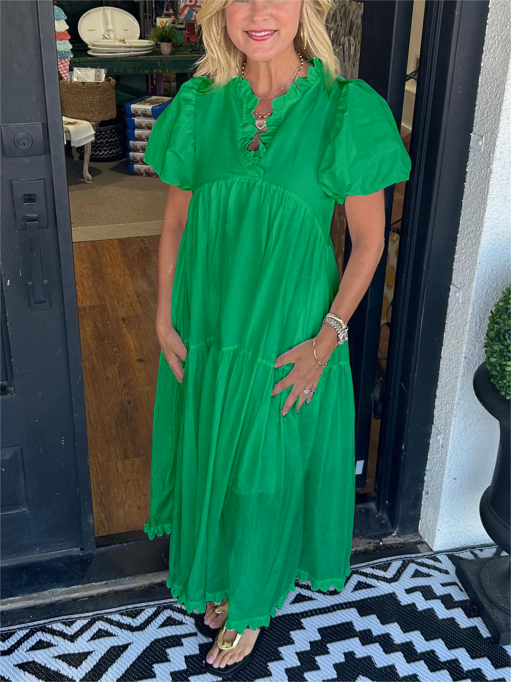 Ruffled V-Neck Puff Sleeve Dress