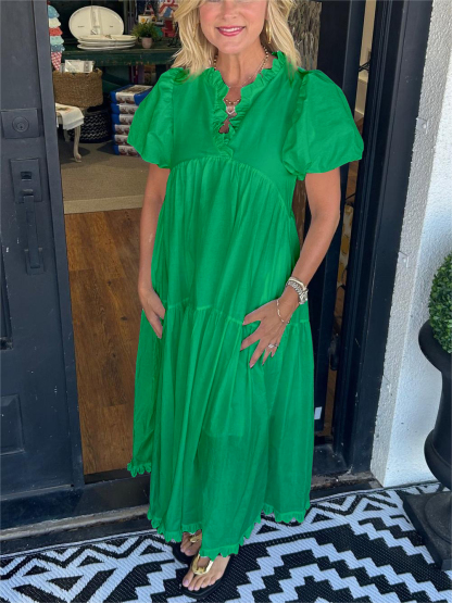 Ruffled V-Neck Puff Sleeve Dress