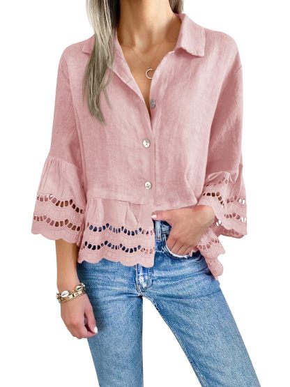 2024 Chic Ruffle Hem Blouse with Hollow Out Design(Buy 2 Free Shipping）