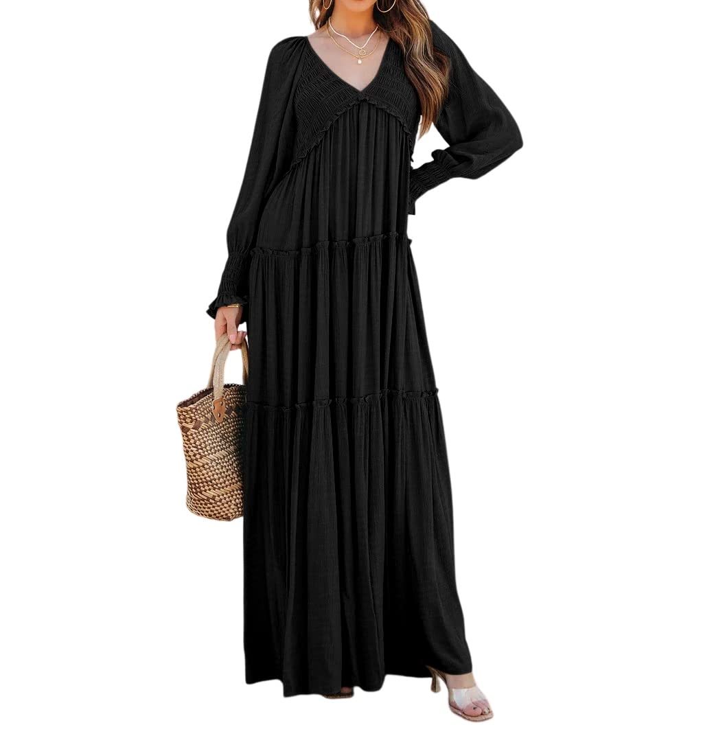 Women Long Sleeve V Neck Boho Casual Flowy Long Dresses