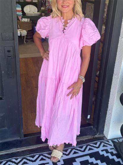 Ruffled V-Neck Puff Sleeve Dress