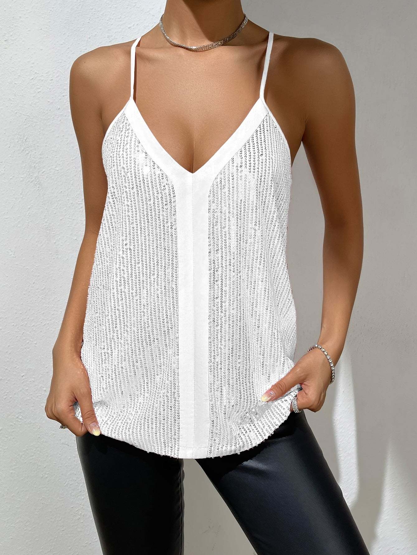 Spaghetti Strap Sleeveless Sequin Cami Top