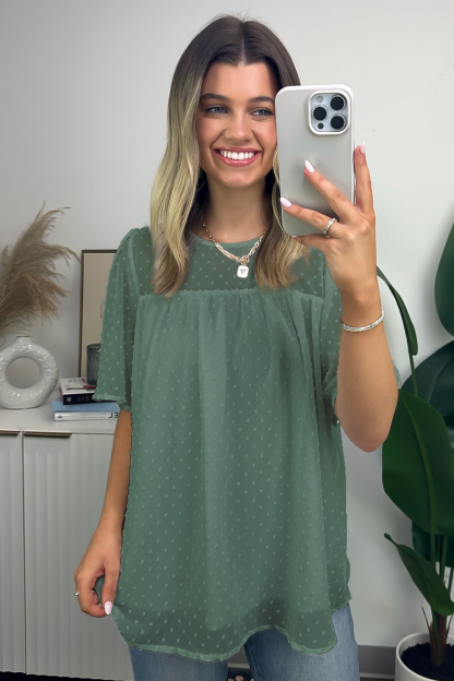 Exceptional Entrance Swiss Dot Flutter Sleeve Top