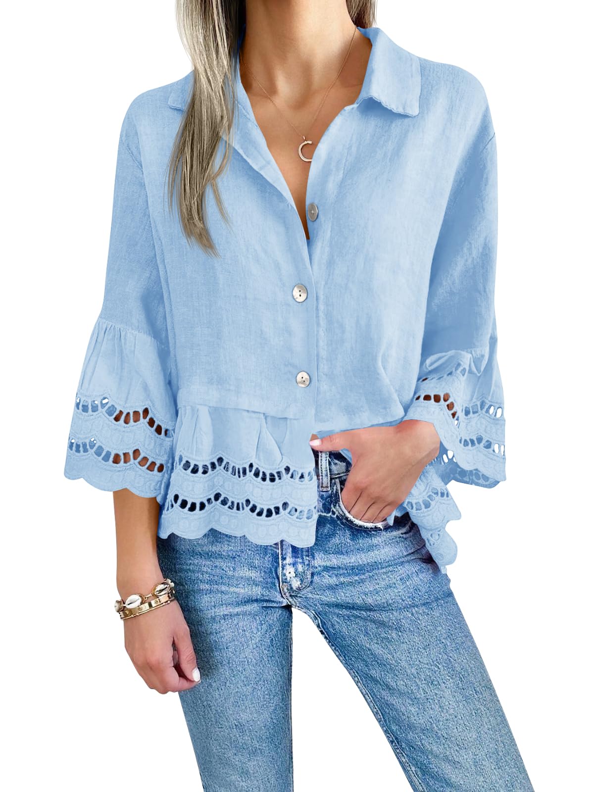 2024 Chic Ruffle Hem Blouse with Hollow Out Design(Buy 2 Free Shipping）