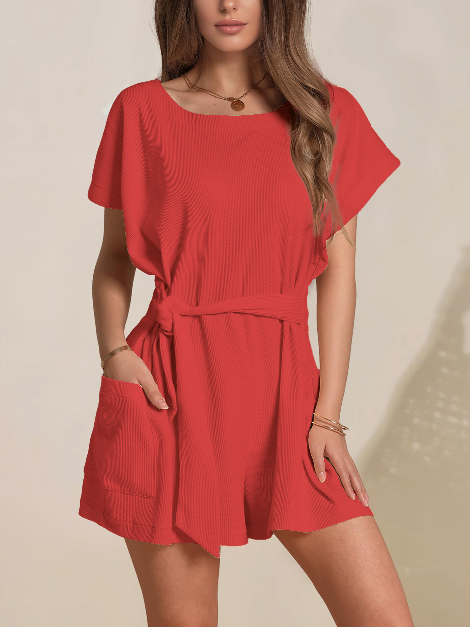 Crew Neck Knitted Lace-up Short Sleeves