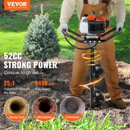 Post Hole Digger, 52cc 1450W Auger Post Hole Digger, Gas Powered Earth Digger with Two Earth Auger Drill Bit 6" & 10" and 3 Extension Rods