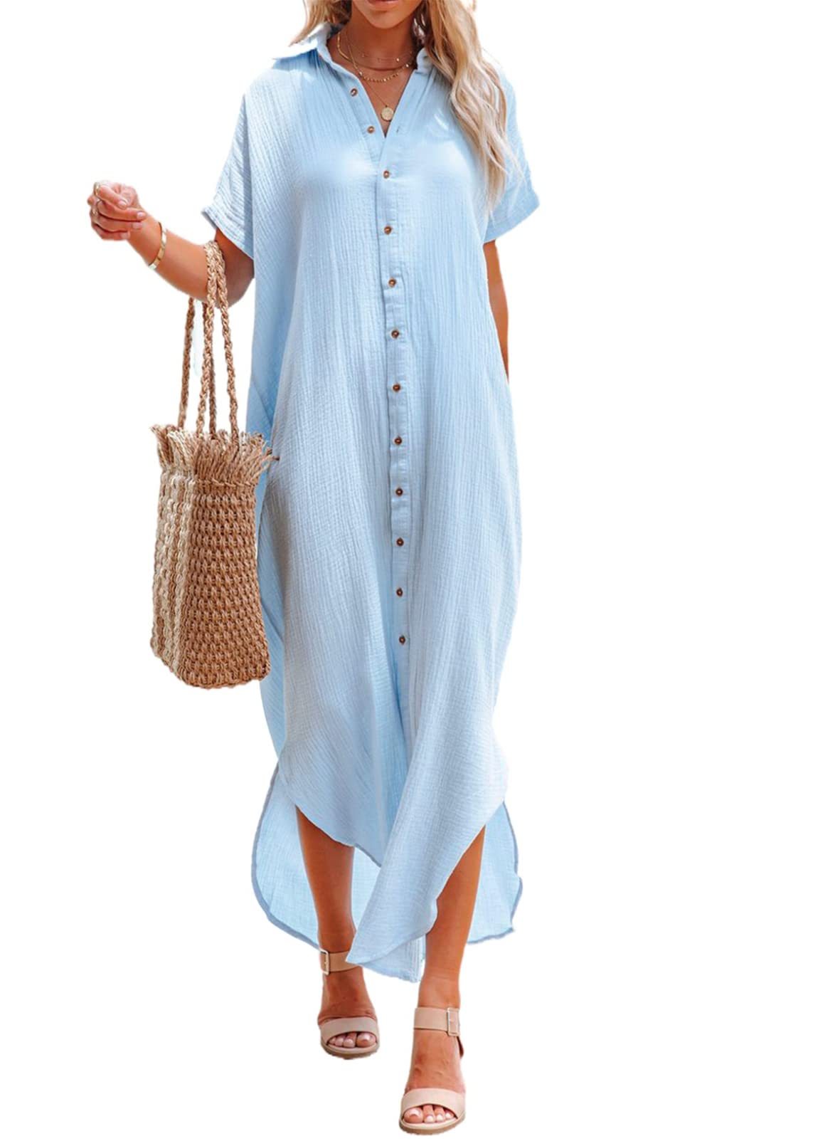 Womens Casual Short Sleeve Side Split Button Down Long Cardigans