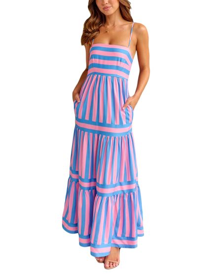 Women Striped Backless  Long Flowy Dress