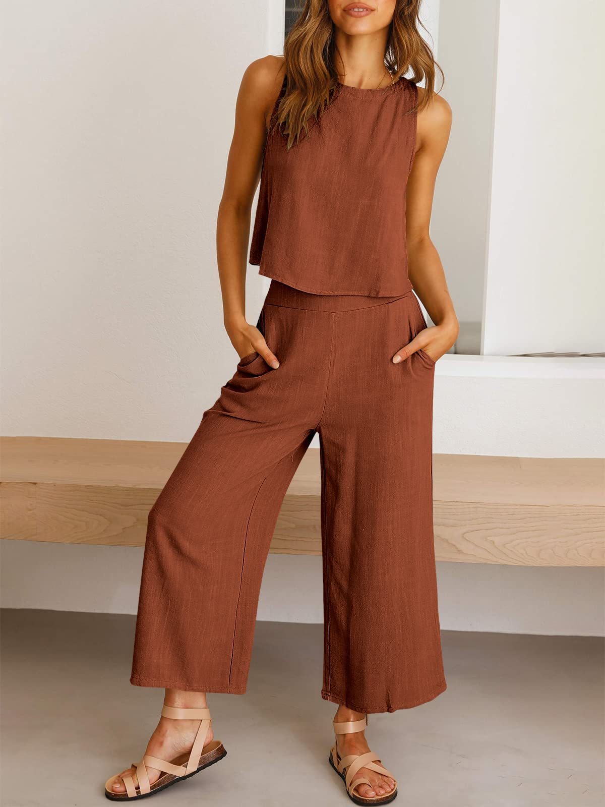 Women's Summer 2 Piece Outfits Sleeveless Crop Top Capri