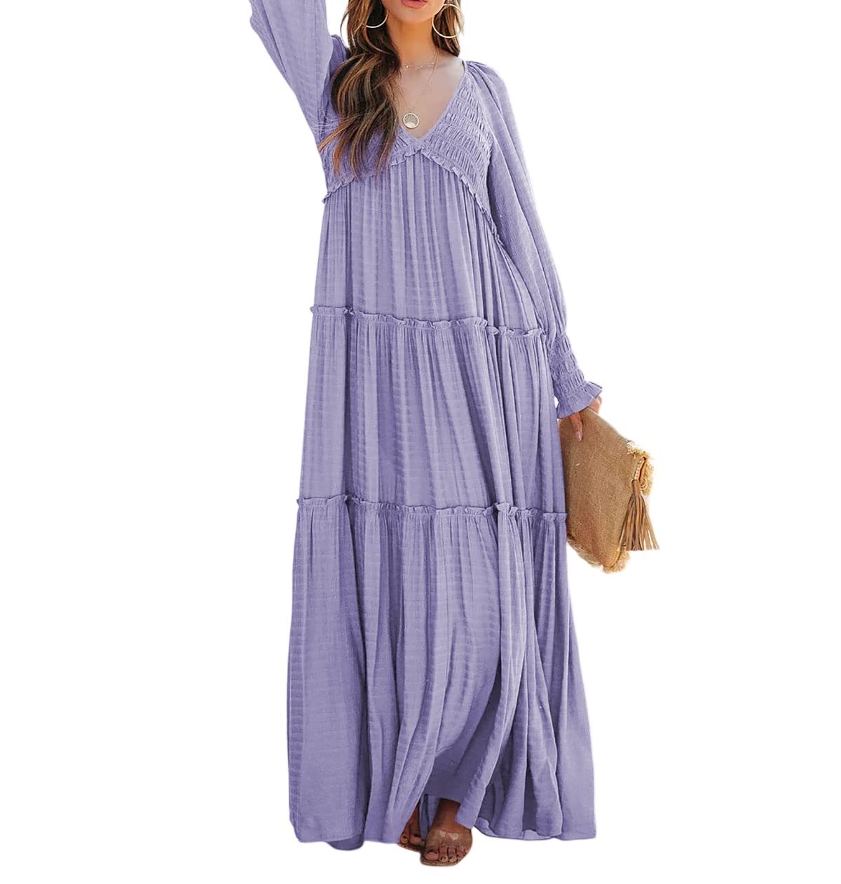 Women Long Sleeve V Neck Boho Casual Flowy Long Dresses