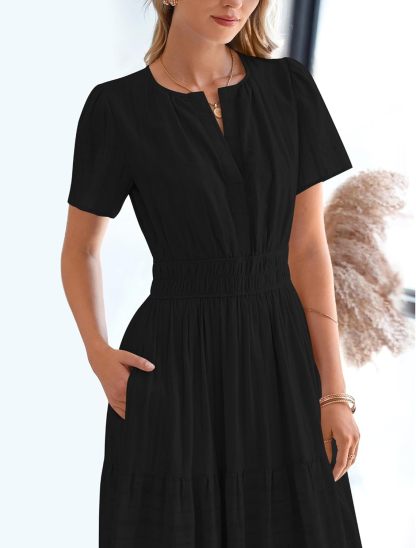 Womens Summer Lightweight Short Sleeve V Casual Midi Maxi Dresses